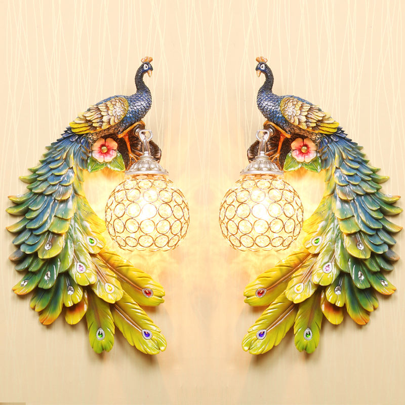 Wall Lamps Modern Twins Peacock Colorful Crystal Metal Wall Lights