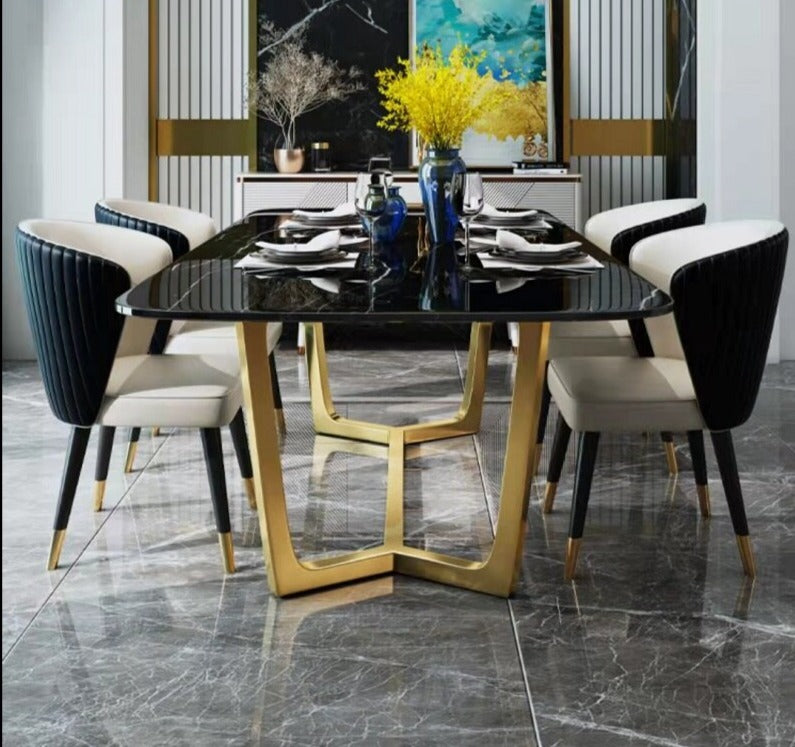 Dinning Tables Set Stainless Steel Gold Plating Base Marble Luxury Esstisch Set