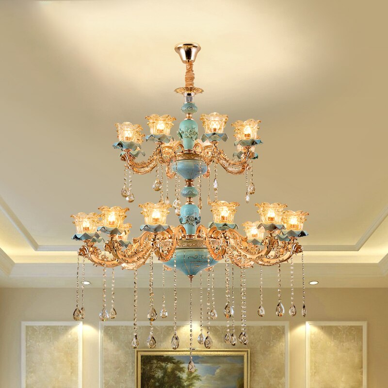 Chandelier European Style Duplex Building Crystal Lamp Ceramic Three-Story Staircase Villa Chandeliers