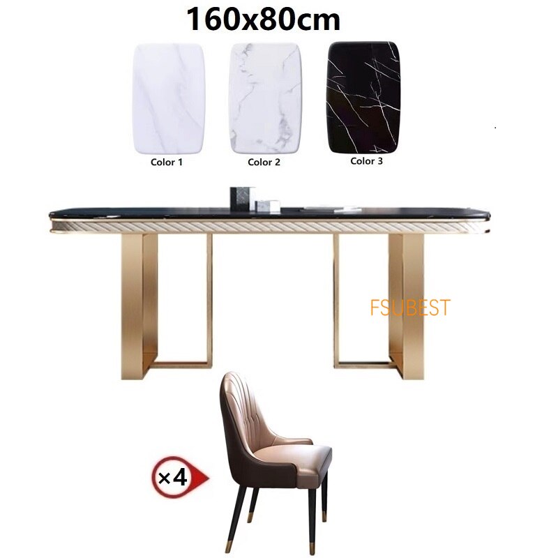 Dining Table Set Luxury Black Marble Tisch Plus 6 Chairs Stainless Steel Gold Frame Esstisch-Sets