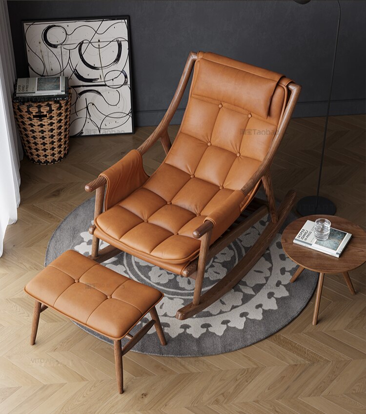 Rocking Chair Nordic Solid Wood Leather Schaukelstühle Single Designer Lounge Chair 