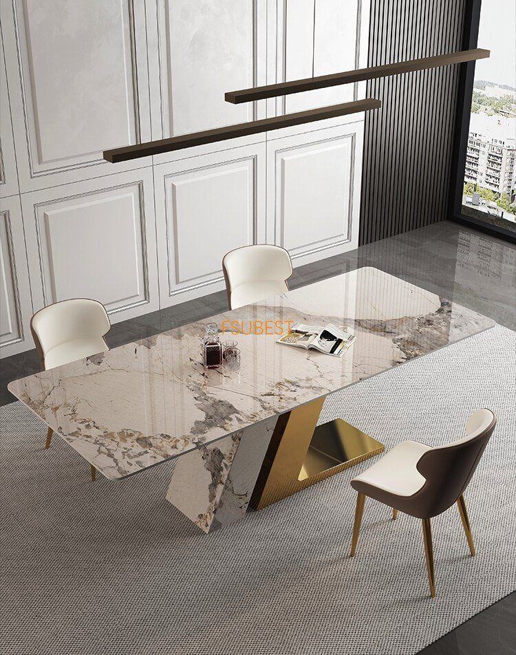 Dining Tables Sets Luxury Rock Slab Esstisch-Set Stainless Steel Golden Frame Faux Marble Top Tabels