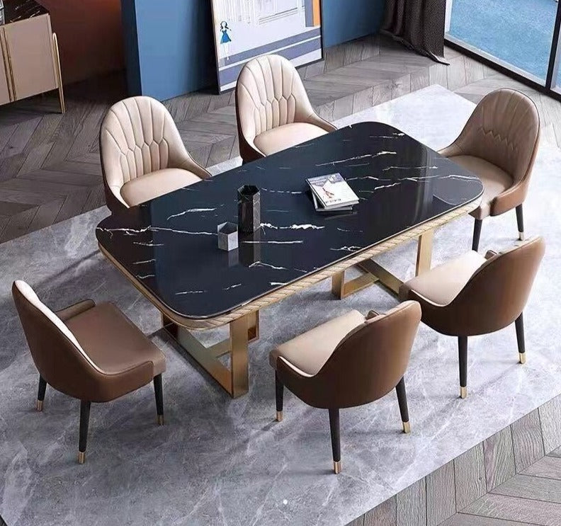 Dining Table Set Luxury Black Marble Tisch Plus 6 Chairs Stainless Steel Gold Frame Esstisch-Sets