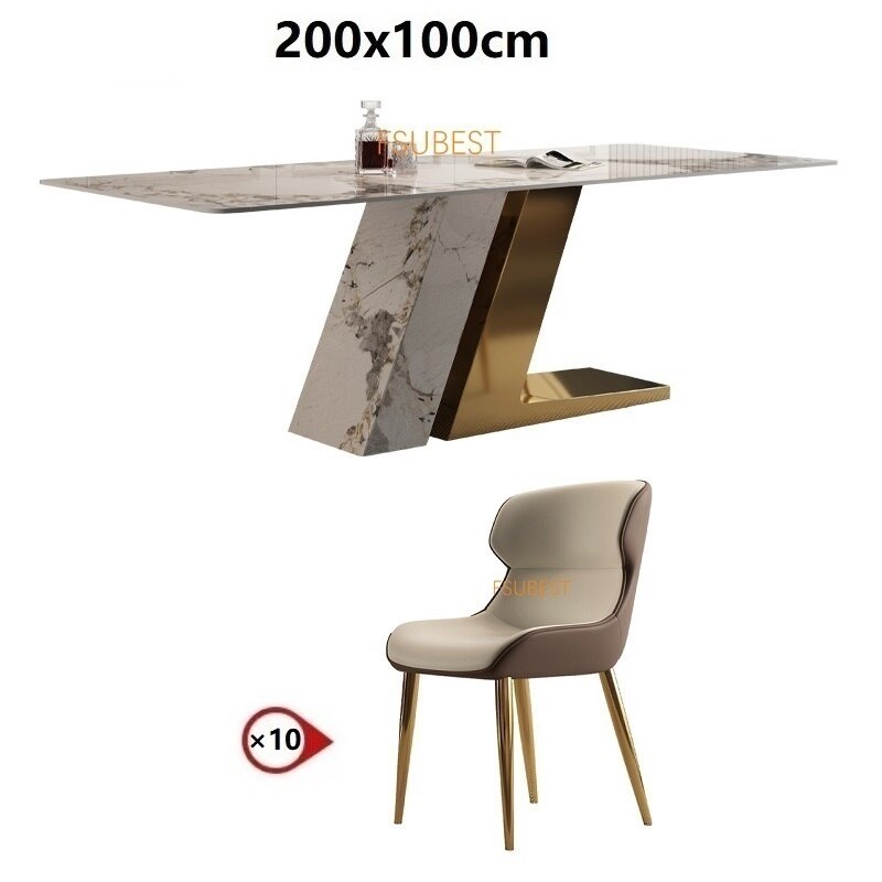 Dining Tables Sets Luxury Rock Slab Esstisch-Set Stainless Steel Golden Frame Faux Marble Top Tabels