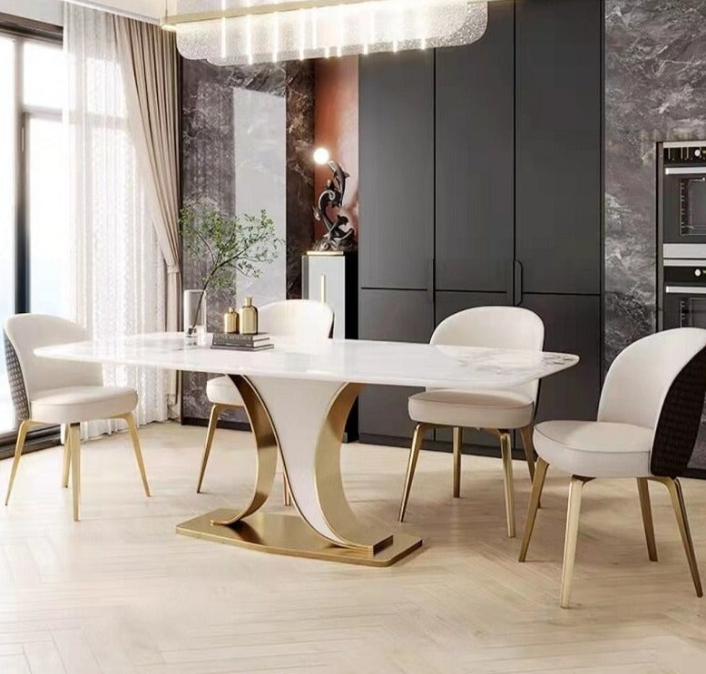 Dining Table Set Luxury Rock Slab Esstisch-Set Stainless Steel Gold Plating Base Tables Sets 