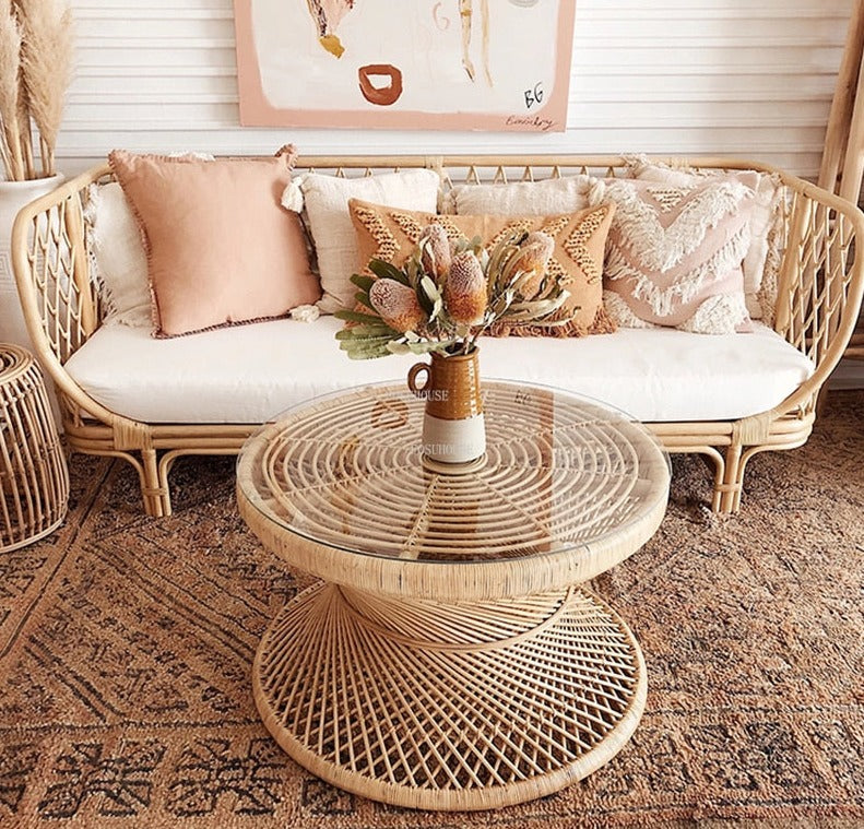 Coffee Table Retro Rattan Tisch Modern Couchtisch Small Rounded Side Table