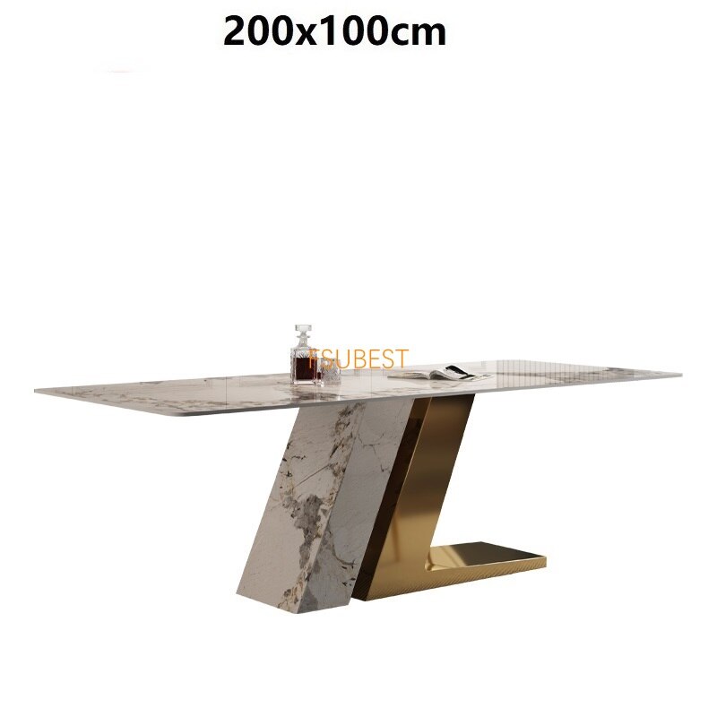 Dining Tables Sets Luxury Rock Slab Esstisch-Set Stainless Steel Golden Frame Faux Marble Top Tabels