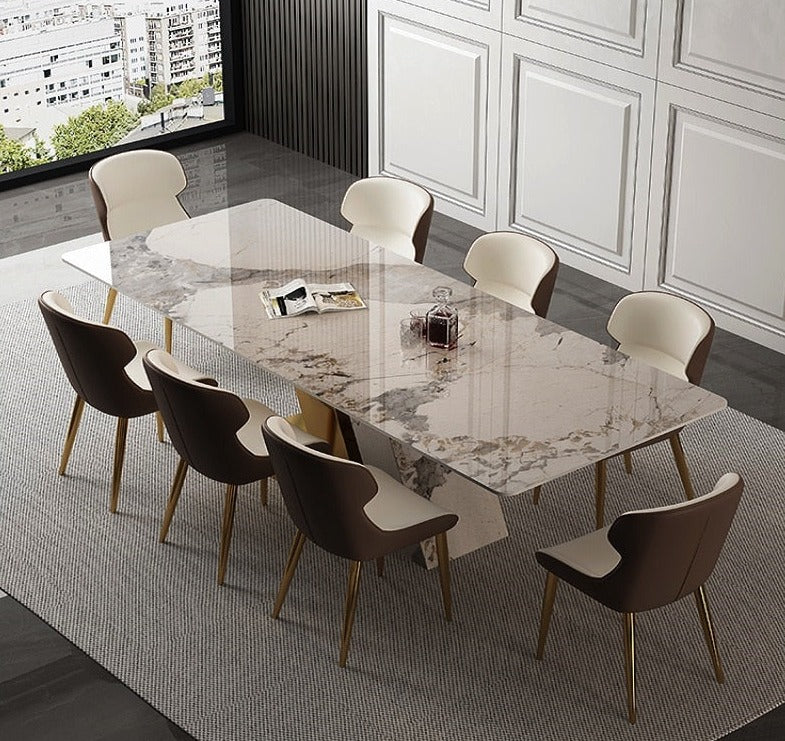 Dining Tables Sets Luxury Rock Slab Esstisch-Set Stainless Steel Golden Frame Faux Marble Top Tabels