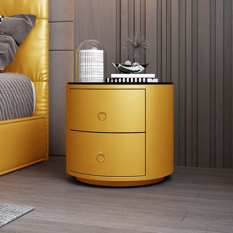 Bedside Cabinets Leather Italian Light Round Nightstand Rock Tempered Storage Bedroom Furniture