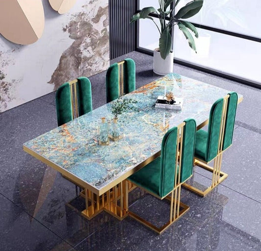 Dining Tables Sets Modern Luxury Marble Esstisch-Set Stainless Steel Gold Plating Base Table Set