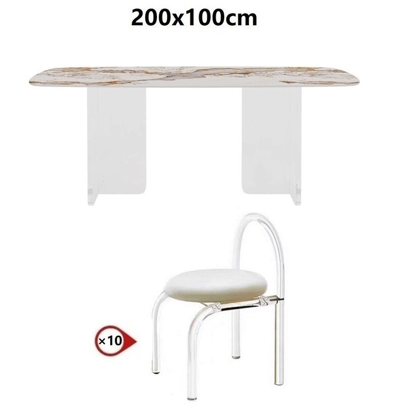 Dining Tables Sets Luxury Rock Slab Esstisch-Set Stainless Steel Golden Frame Faux Marble Top Tabels