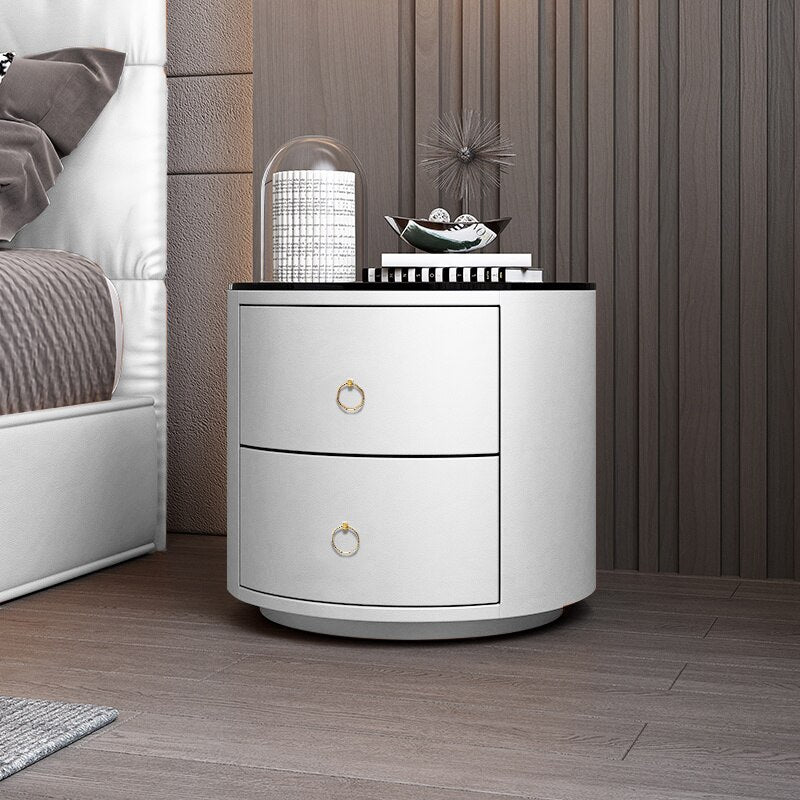 Bedside Cabinets Leather Italian Light Round Nightstand Rock Tempered Storage Bedroom Furniture