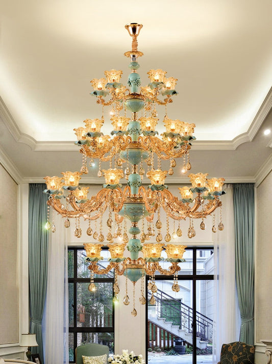 Chandelier European Style Duplex Building Crystal Lamp Ceramic Three-Story Staircase Villa Chandeliers