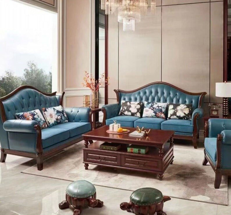 Sofa Set Luxury Classic Chesterfield Design Wood Sofagarnituren Carving Fabric Living Room Sofa Set