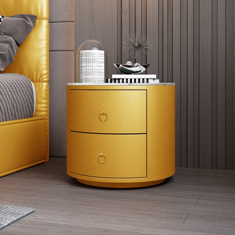 Bedside Cabinets Leather Italian Light Round Nightstand Rock Tempered Storage Bedroom Furniture