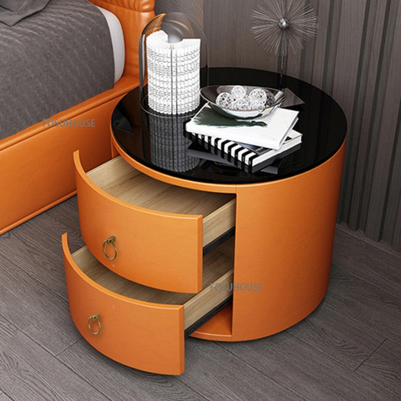 Bedside Cabinets Leather Italian Light Round Nightstand Rock Tempered Storage Bedroom Furniture