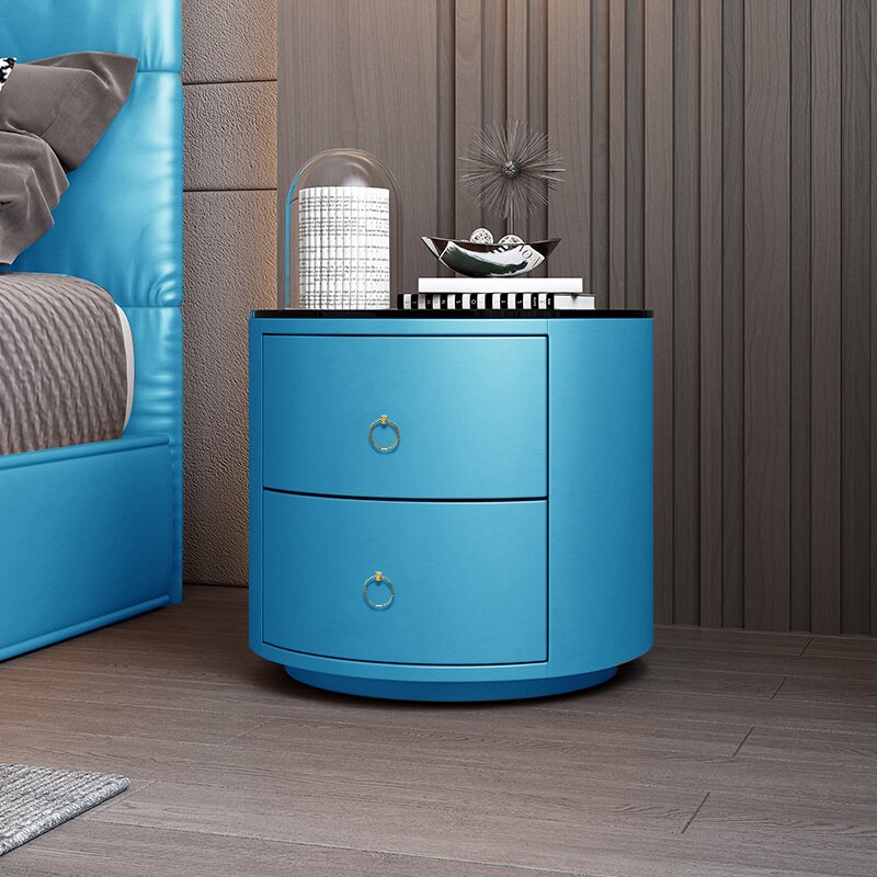 Bedside Cabinets Leather Italian Light Round Nightstand Rock Tempered Storage Bedroom Furniture