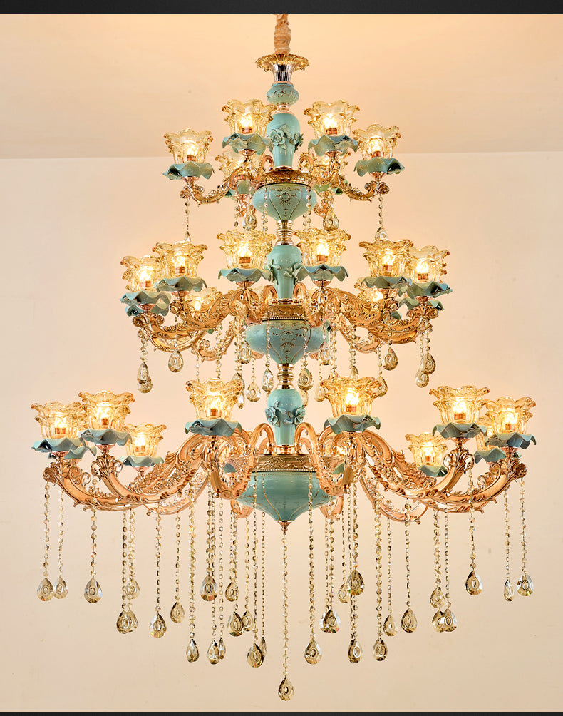 Chandelier European Style Duplex Building Crystal Lamp Ceramic Three-Story Staircase Villa Chandeliers