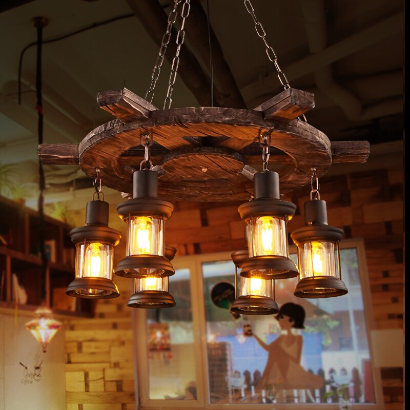 Chandelier Retro Solid Wood Hanging Vintage Old Boat Wooden Suspension indoor Pendant Lights