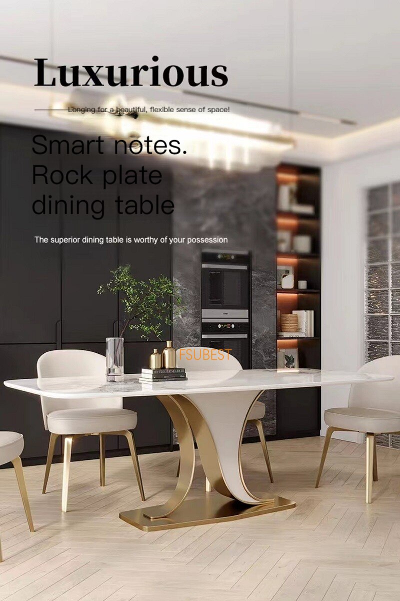 Dining Table Set Luxury Rock Slab Esstisch-Set Stainless Steel Gold Plating Base Tables Sets 