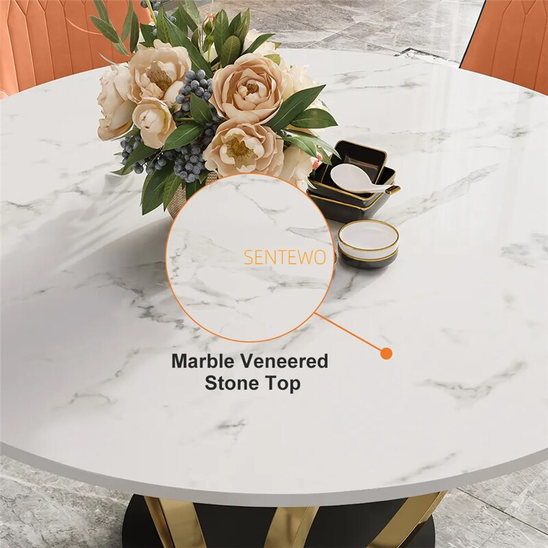 Dining Tables Sets Italian Luxury Round Marble Stainless Steel Gold Plating Base Esstisch-Set