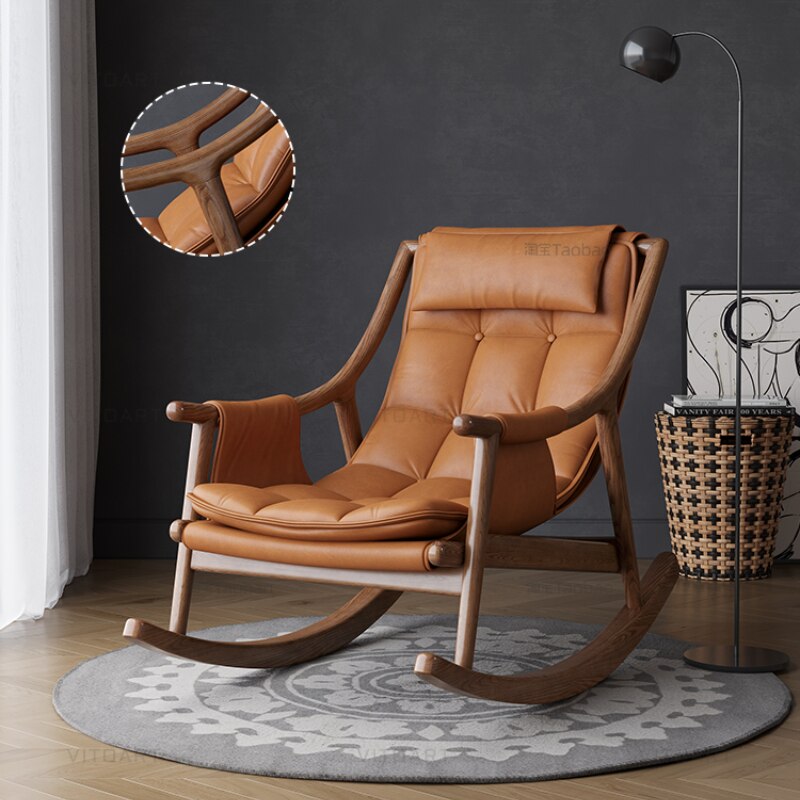 Rocking Chair Nordic Solid Wood Leather Schaukelstühle Single Designer Lounge Chair 