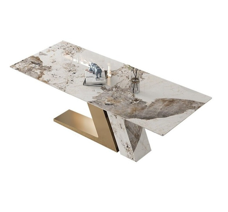 Dining Tables Sets Luxury Rock Slab Esstisch-Set Stainless Steel Golden Frame Faux Marble Top Tabels