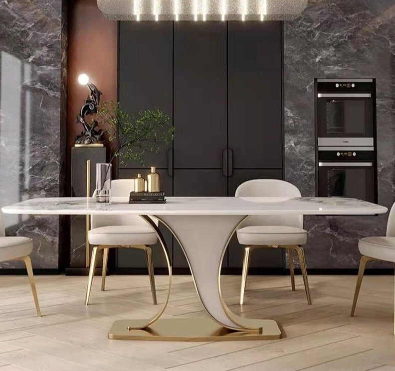 Dining Table Set Luxury Rock Slab Esstisch-Set Stainless Steel Gold Plating Base Tables Sets 