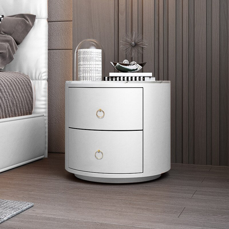 Bedside Cabinets Leather Italian Light Round Nightstand Rock Tempered Storage Bedroom Furniture