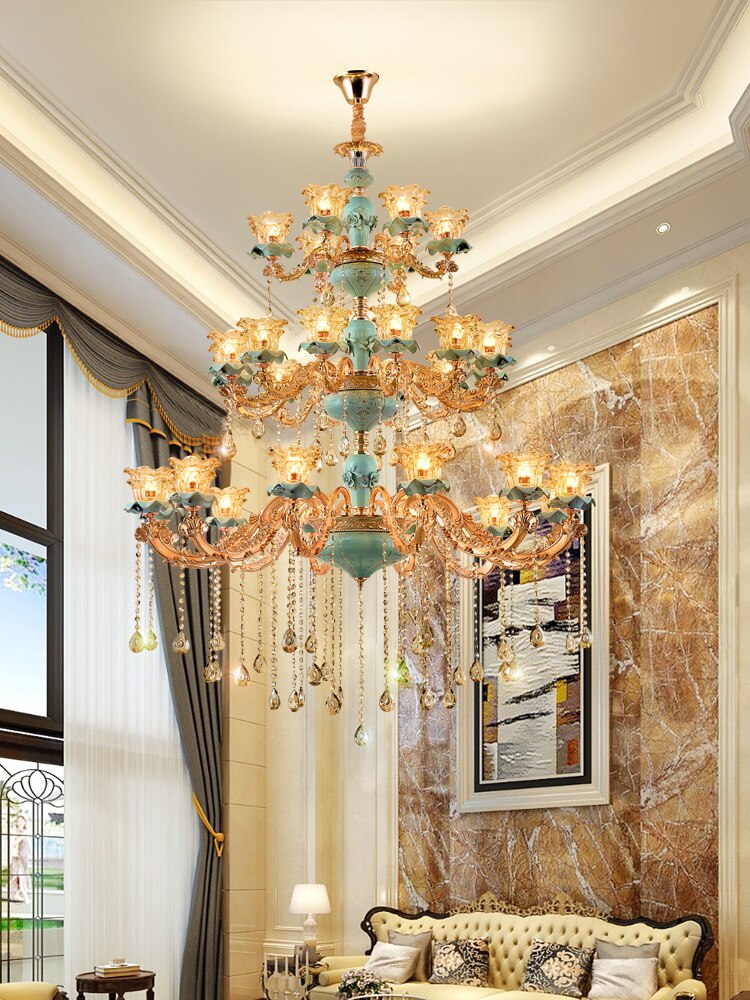 Chandelier European Style Duplex Building Crystal Lamp Ceramic Three-Story Staircase Villa Chandeliers