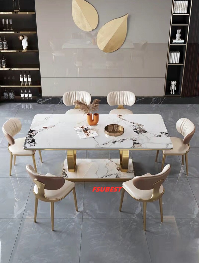 Dining Table Set Luxury Gold Table Sets Modern Rectangle Stone Esstisch-Set 