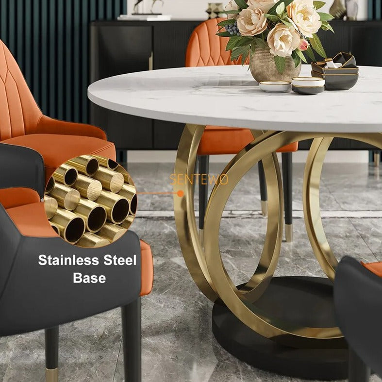 Dining Tables Sets Italian Luxury Round Marble Stainless Steel Gold Plating Base Esstisch-Set