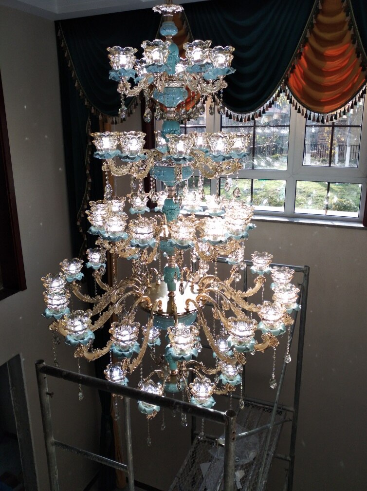 Chandelier European Style Duplex Building Crystal Lamp Ceramic Three-Story Staircase Villa Chandeliers