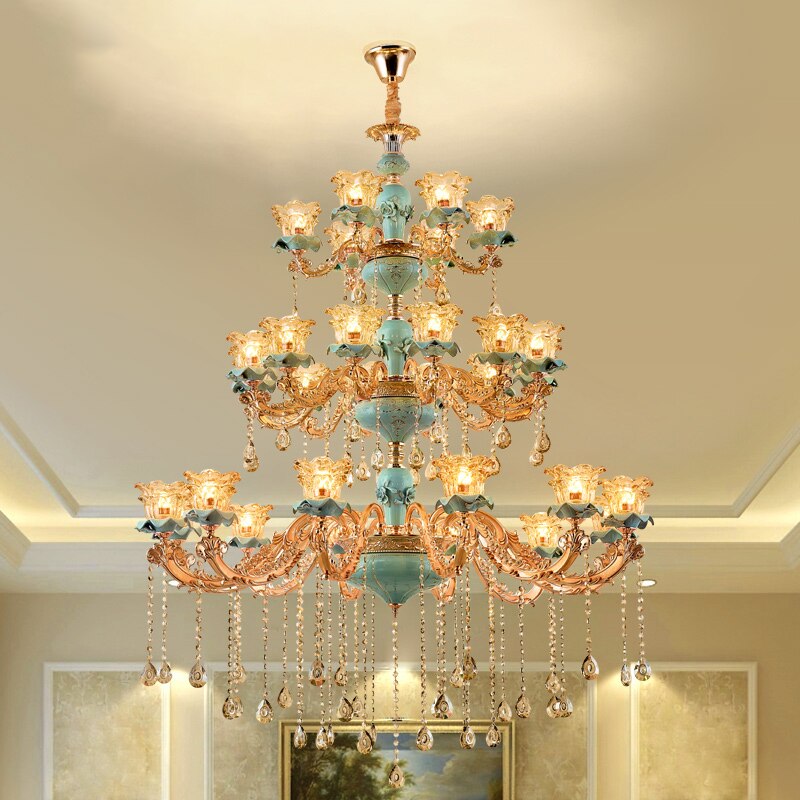 Chandelier European Style Duplex Building Crystal Lamp Ceramic Three-Story Staircase Villa Chandeliers