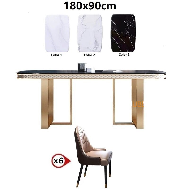 Dining Table Set Luxury Black Marble Tisch Plus 6 Chairs Stainless Steel Gold Frame Esstisch-Sets