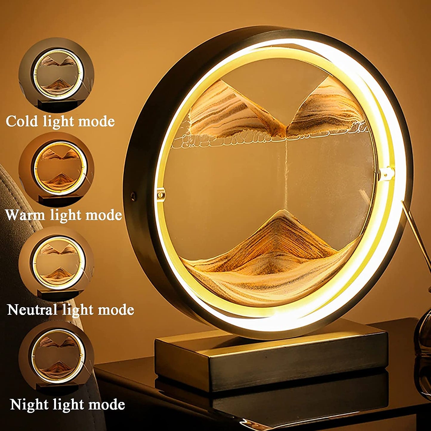 Moving Sand Art LED Lamp 360 Rotatable Light Quicksand Metal Frame Table Lights